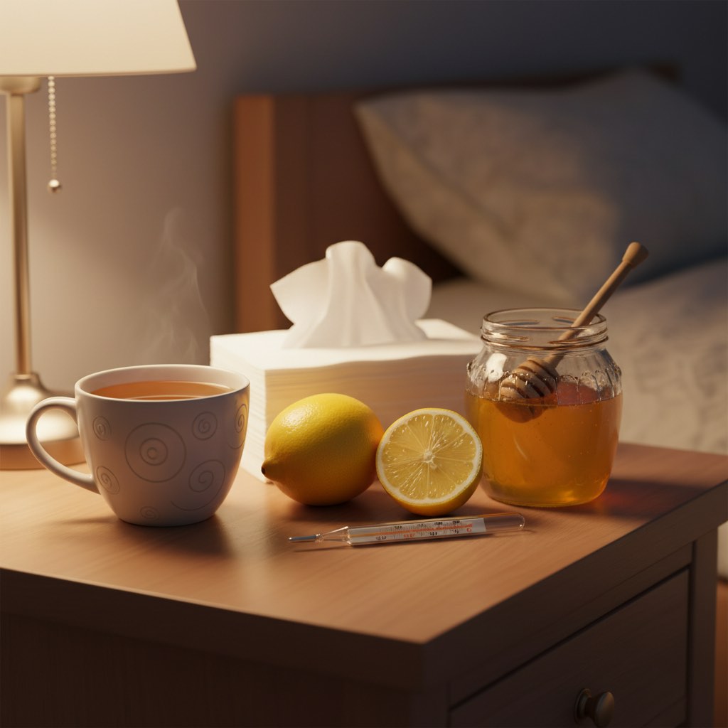 Nachttisch mit Tee, Zitrone, Taschentuechern und Thermometer bei Erk&auml;ltung