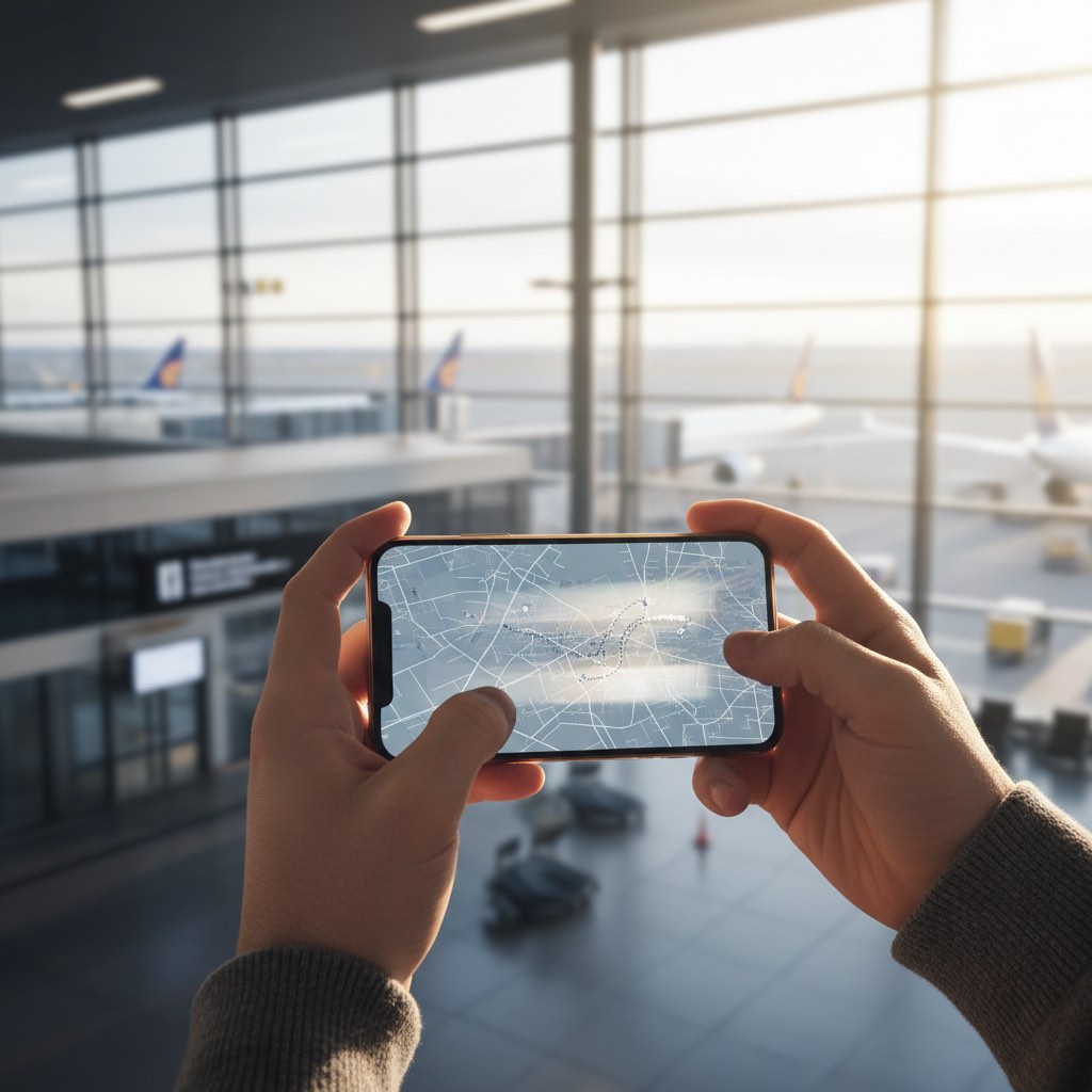 Nahaufnahme eines Smartphones in der Hand mit Reise-Hintergrund