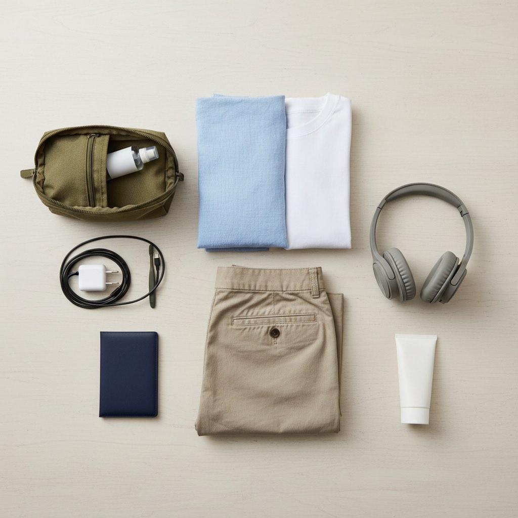 Flatlay mit gerollter Kleidung, Kulturbeutel, Reisepass und Ladegeraet fuer die Urlaubspackliste