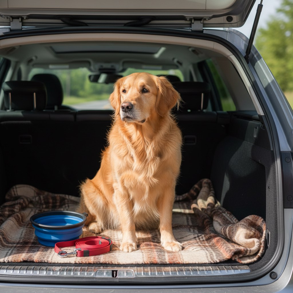 Hund mit Reisezubehör wie Napf, Leine und Decke im Kofferraum eines Autos