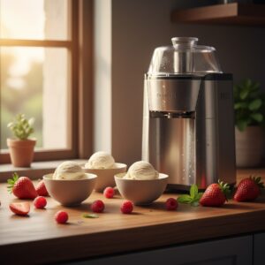 Selbstgemachtes cremiges Eis in Schaelchen neben einer Eismaschine mit frischen Beeren