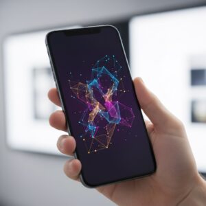 Hand hält ein modernes Smartphone, Konzept digitale eSIM