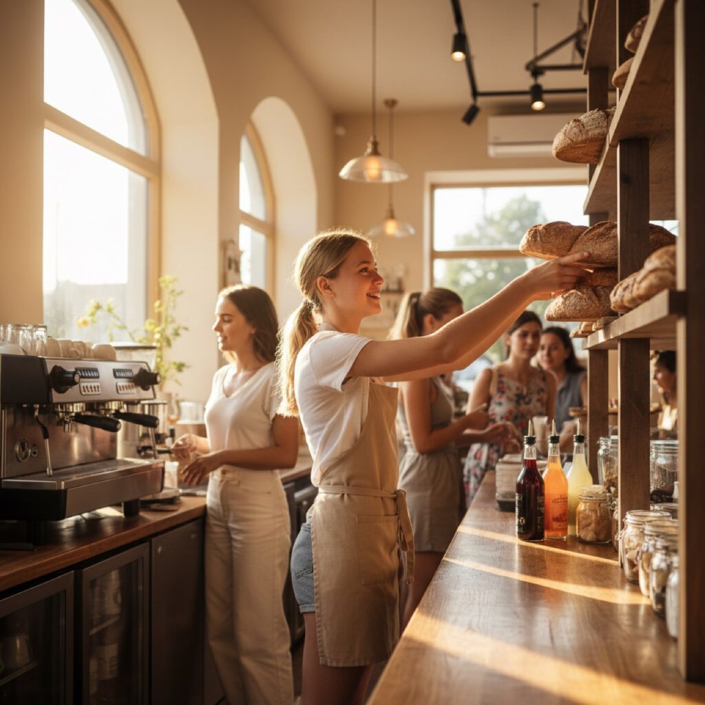 Junge Aushilfe arbeitet waehrend eines Ferienjobs hinter der Theke eines Cafes
