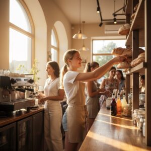 Junge Aushilfe arbeitet waehrend eines Ferienjobs hinter der Theke eines Cafes