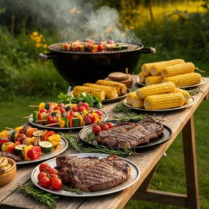 Sommerliches Grillbuffet mit Steaks, Grillgemüse und Maiskolben auf einem Holzkohlegrill