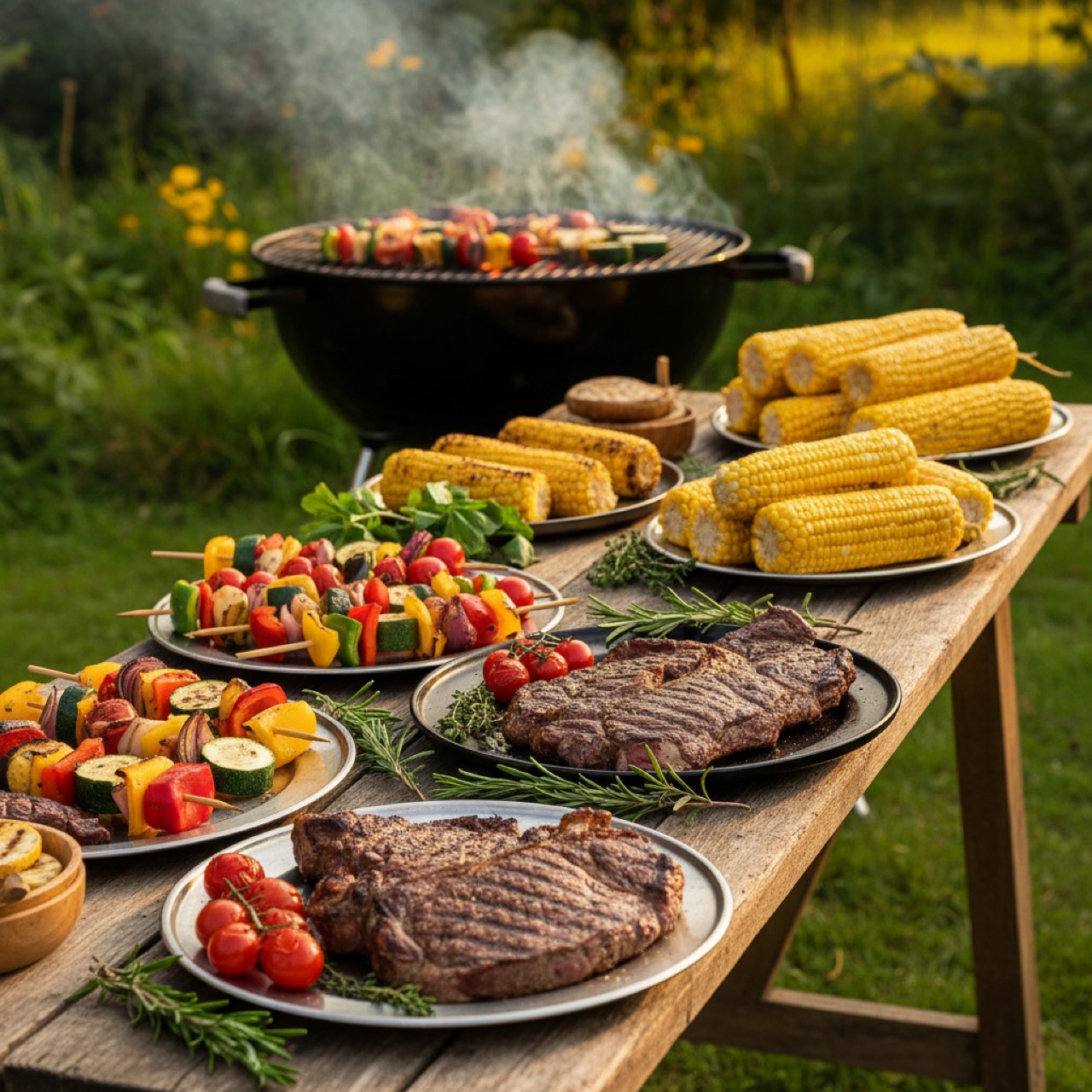 Sommerliches Grillbuffet mit Steaks, Grillgemüse und Maiskolben auf einem Holzkohlegrill