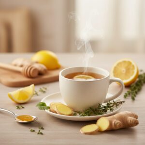 Tasse Kraeutertee mit Honig, Ingwer und Zitrone als Hausmittel gegen Husten