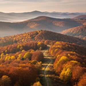Herbstlicher Wanderweg durch bunt gefaerbten Laubwald im goldenen Nachmittagslicht
