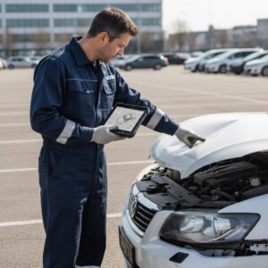 Kfz-Sachverständiger begutachtet mit Tablet den Frontschaden eines Autos nach einem Unfall