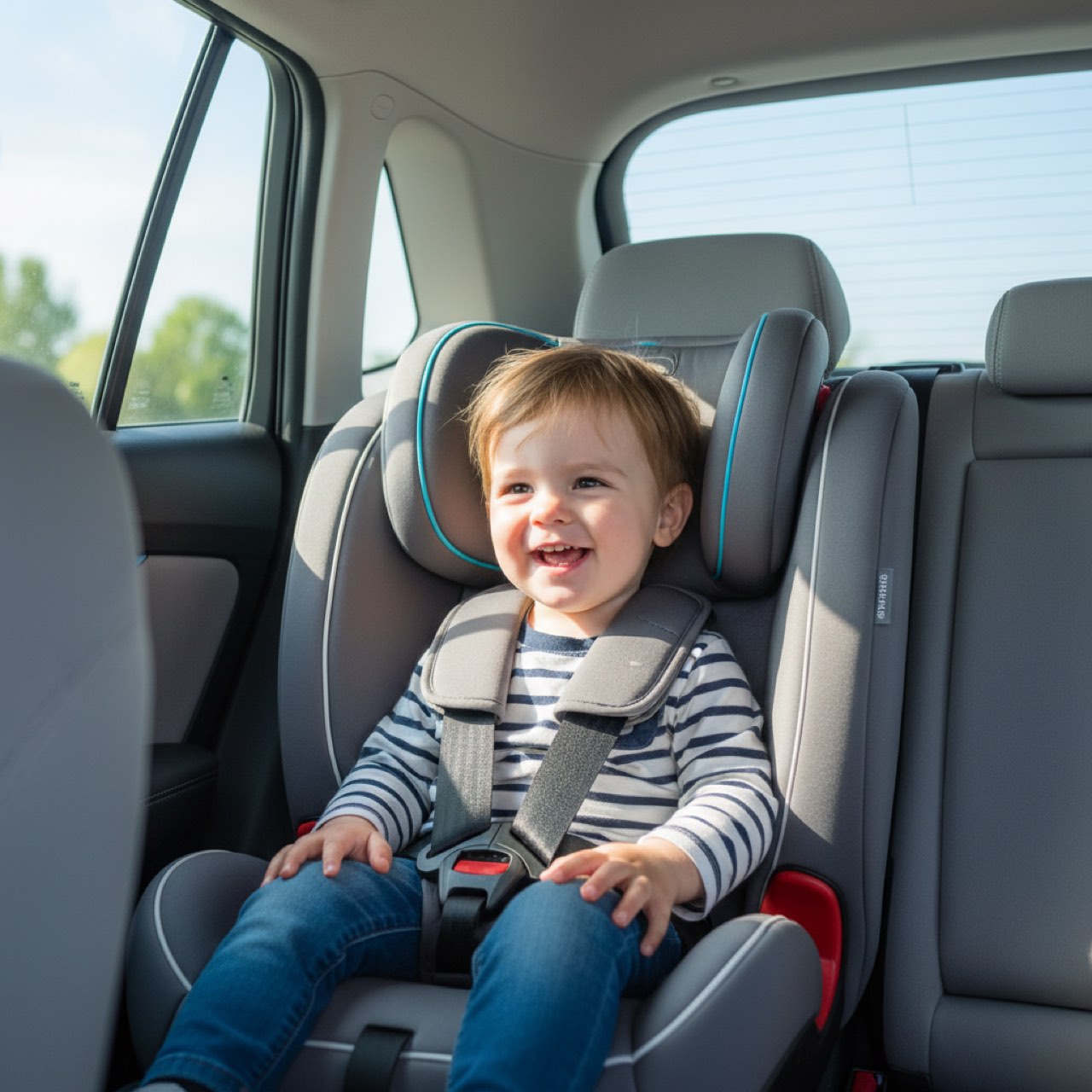 Kind sitzt sicher angeschnallt in einem modernen Kindersitz im Auto