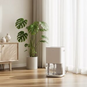 Moderner elektrischer Luftentfeuchter in einem hellen Wohnraum