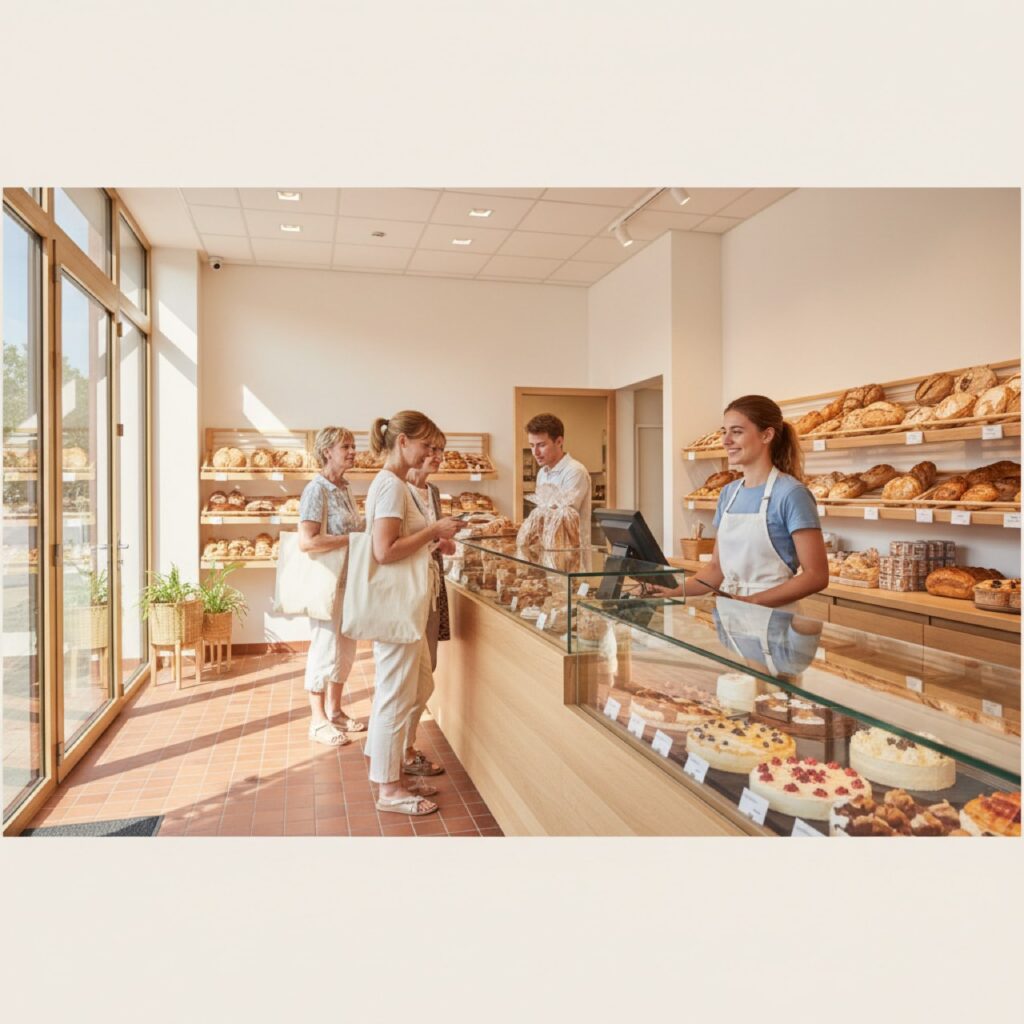 Junge Aushilfe an der Kasse einer hellen Bäckerei als Beispiel für einen Minijob