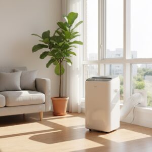 Weisse mobile Klimaanlage steht neben einem Fenster in einem hellen Wohnzimmer