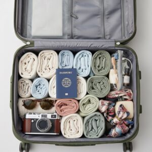 Ordentlich gepackter offener Koffer mit Kleidung, Reisepass und Zubehoer als Packliste fuer den Urlaub