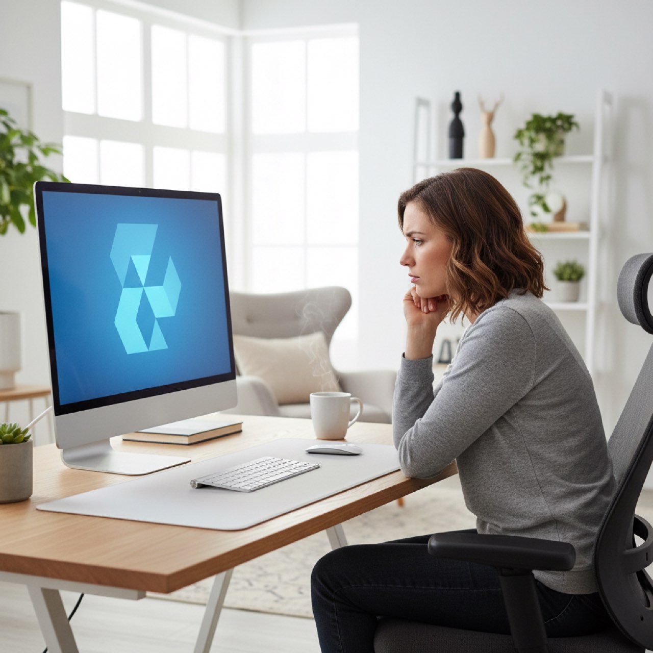 Person wartet genervt am Schreibtisch vor einem langsamen Computer