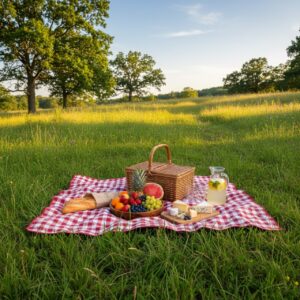 Sommerliches Picknick mit Weidenkorb, Obst und Limonade auf einer grünen Wiese
