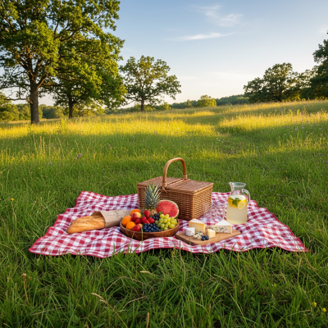 Sommerliches Picknick mit Weidenkorb, Obst und Limonade auf einer grünen Wiese