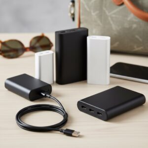 Mehrere Powerbanks in verschiedenen Größen neben einem Smartphone und USB-C-Ladekabel
