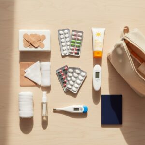 Gepackte Reiseapotheke mit Pflastern, Verbandsmaterial, Medikamenten und Sonnencreme auf einem Tisch