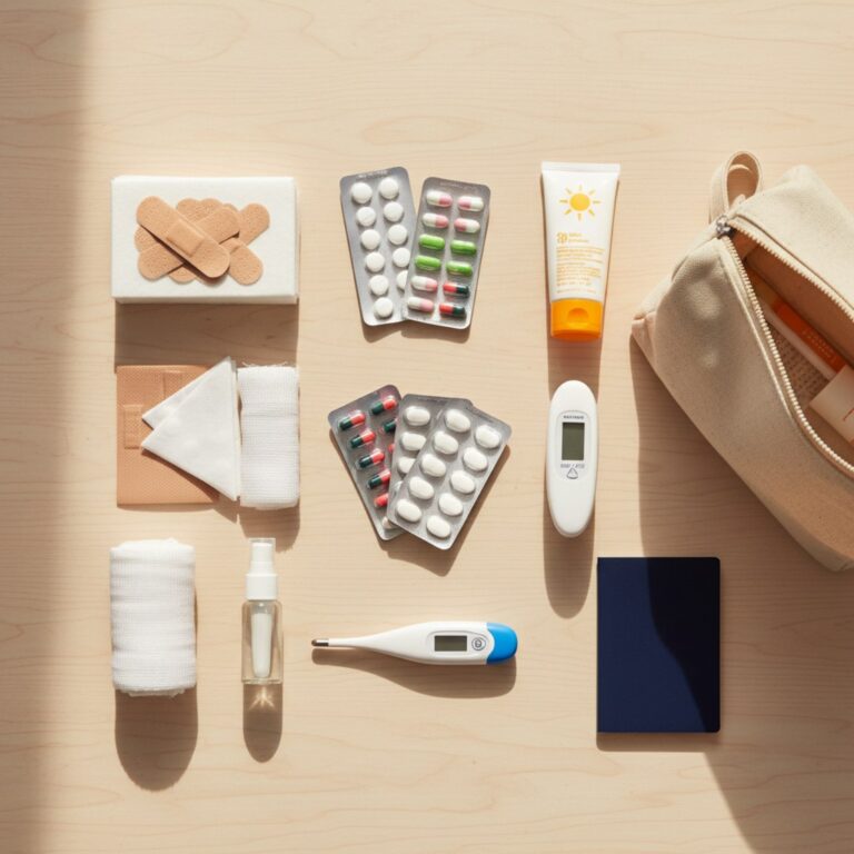 Gepackte Reiseapotheke mit Pflastern, Verbandsmaterial, Medikamenten und Sonnencreme auf einem Tisch