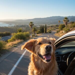 Glücklicher Hund schaut während der Urlaubsfahrt aus dem Autofenster