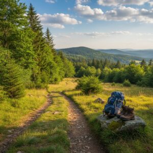Sommerlicher Wanderweg durch ein deutsches Mittelgebirge mit Rucksack am Wegesrand