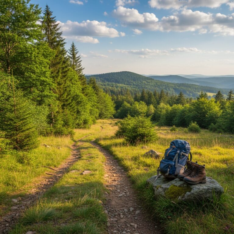 Sommerlicher Wanderweg durch ein deutsches Mittelgebirge mit Rucksack am Wegesrand