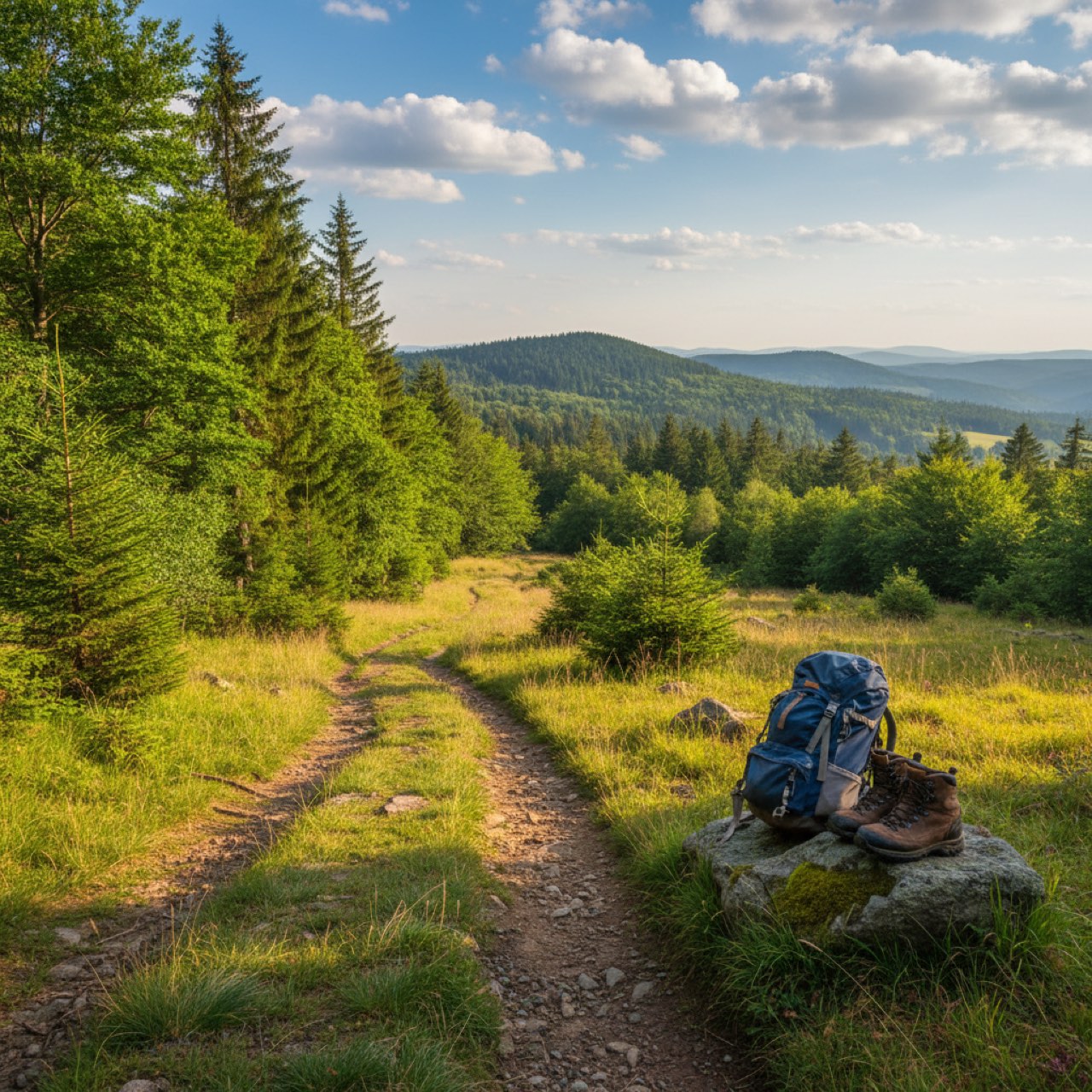 Sommerlicher Wanderweg durch ein deutsches Mittelgebirge mit Rucksack am Wegesrand