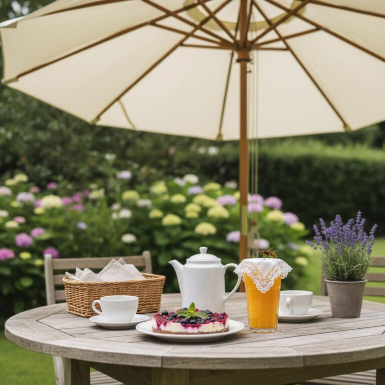 Wespe fliegt am gedeckten Gartentisch neben einem abgedeckten Glas Saft