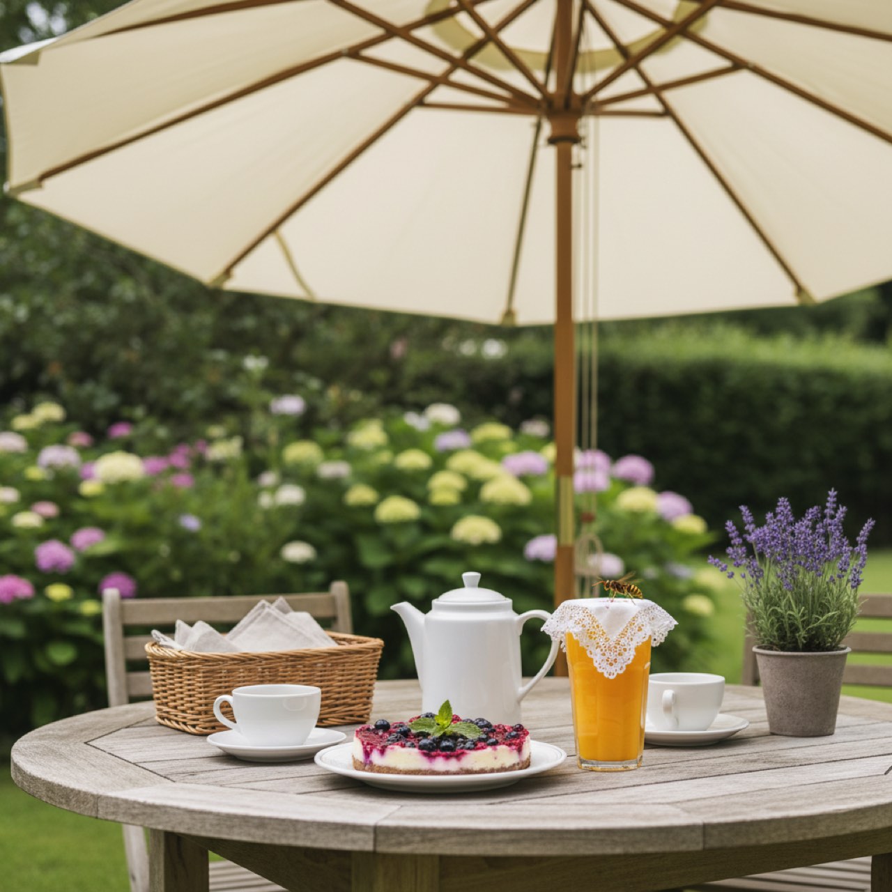 Wespe fliegt am gedeckten Gartentisch neben einem abgedeckten Glas Saft
