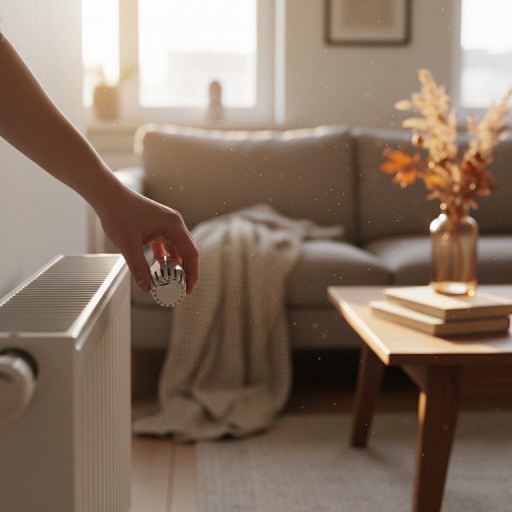 Hand stellt ein weisses Heizkoerperthermostat an einem Heizkoerper ein