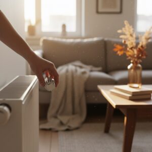 Hand stellt ein weisses Heizkoerperthermostat an einem Heizkoerper ein