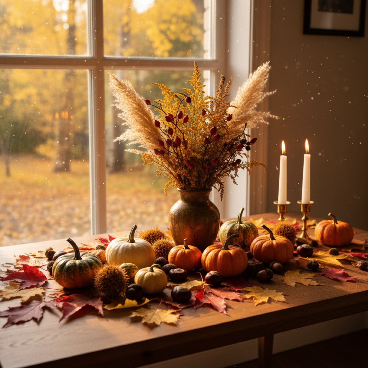 Herbstliche Dekoration mit Zierkuerbissen, bunten Blaettern, Kastanien und Kerzen auf einem Holztisch am Fenster