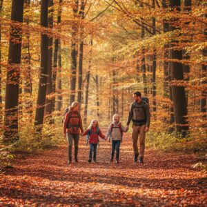 Familie wandert in den Herbstferien 2026 durch einen bunten Herbstwald