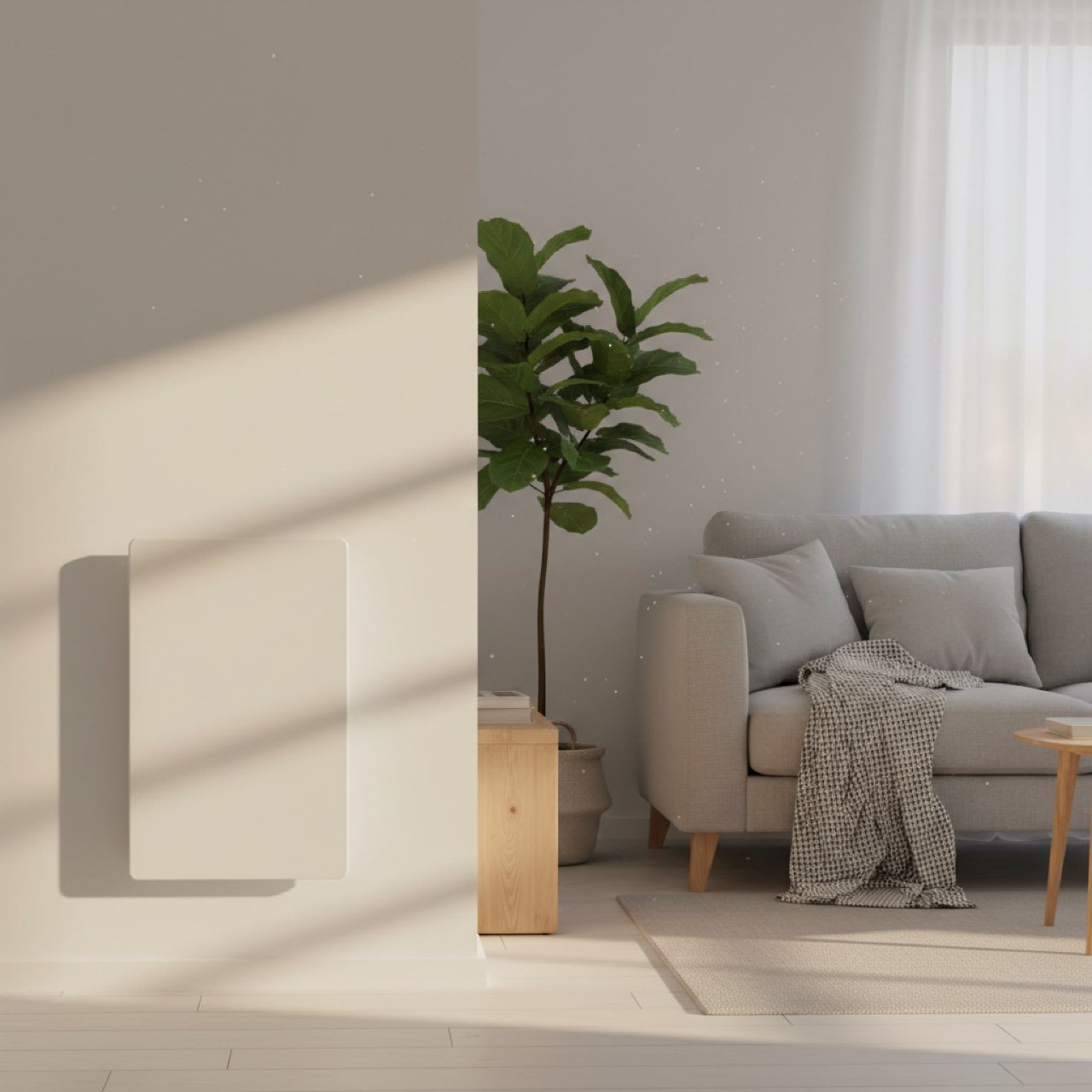 Moderne weiße Infrarotheizung als flaches Wandpaneel in einem hellen Wohnzimmer