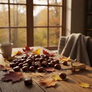 Frisch gesammelte Rosskastanien mit Herbstblaettern, Zahnstochern und Handbohrer auf einem Tisch zum Basteln