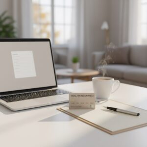 Gesundheitskarte, Laptop und Unterlagen auf einem Schreibtisch zum Krankenkassenwechsel