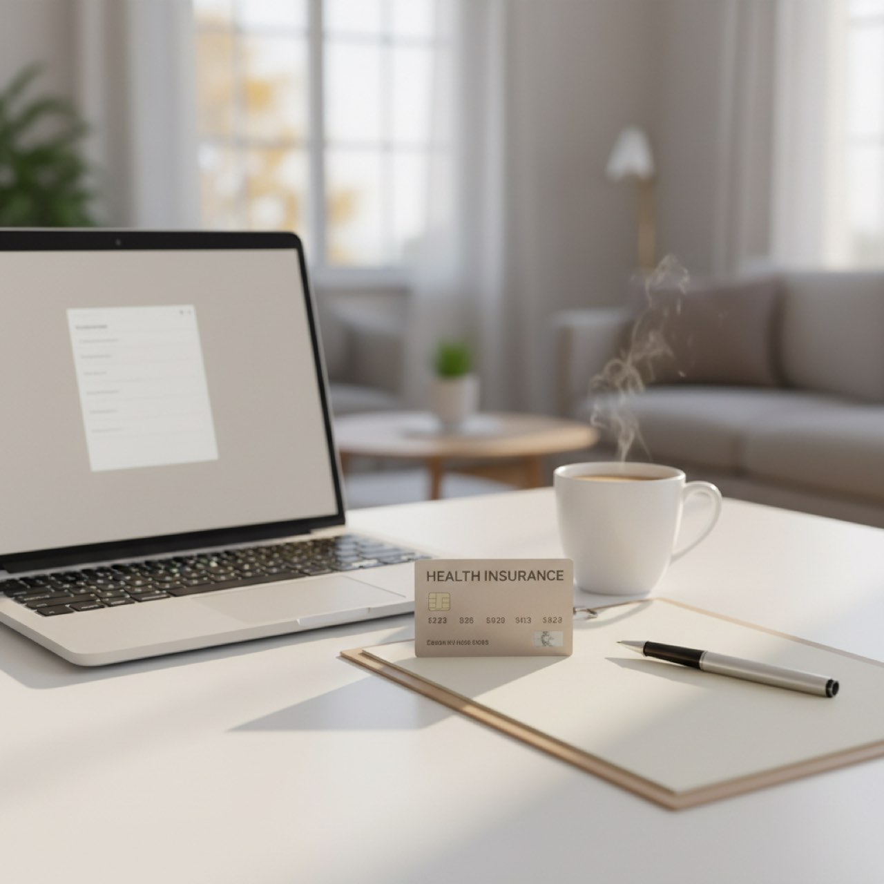 Gesundheitskarte, Laptop und Unterlagen auf einem Schreibtisch zum Krankenkassenwechsel