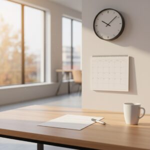 Schreibtisch mit Kalender und Uhr als Symbol für die Kündigungsfrist