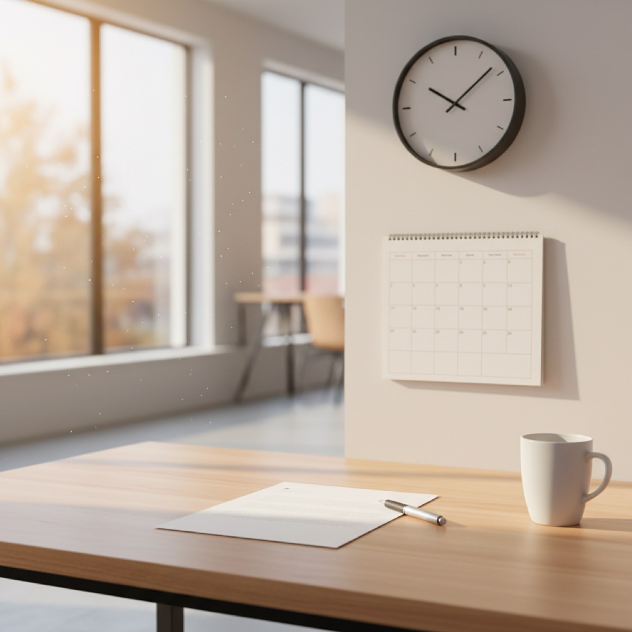 Schreibtisch mit Kalender und Uhr als Symbol für die Kündigungsfrist