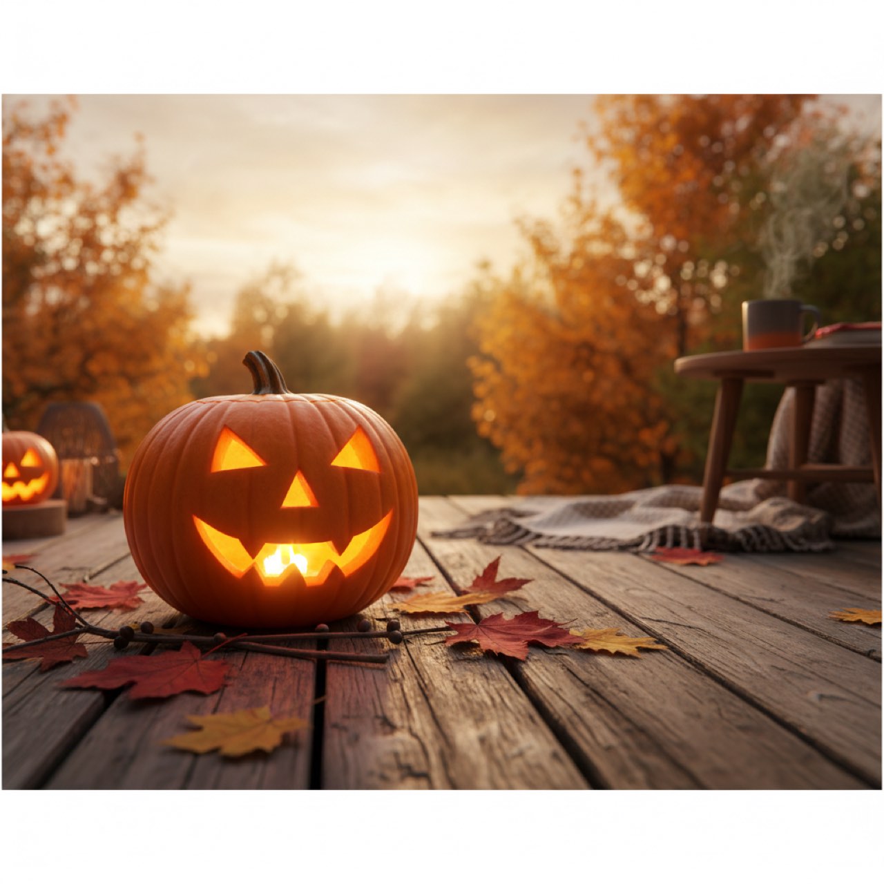 Geschnitzter Halloween-Kürbis mit leuchtendem Gesicht auf einer Holzterrasse im Herbstlicht