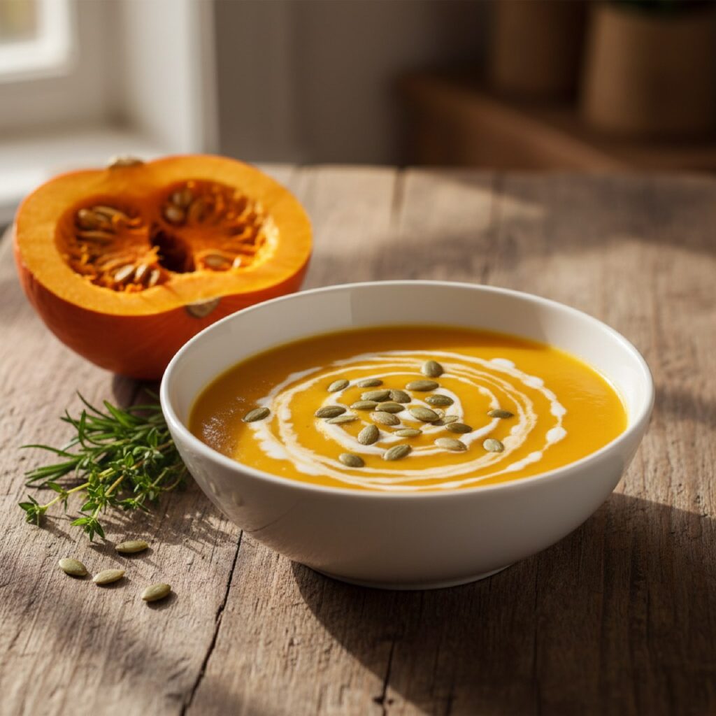 Cremige Kürbissuppe in einer Schale mit Kürbiskernen und einem halbierten Hokkaido-Kürbis