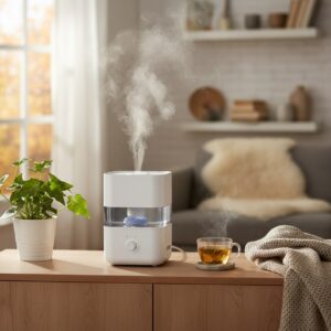 Moderner weisser Ultraschall-Luftbefeuchter gibt feinen Wasserdampf in ein helles Wohnzimmer ab