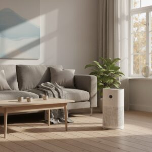 Moderner Luftreiniger in einem hellen Wohnzimmer neben einer Zimmerpflanze