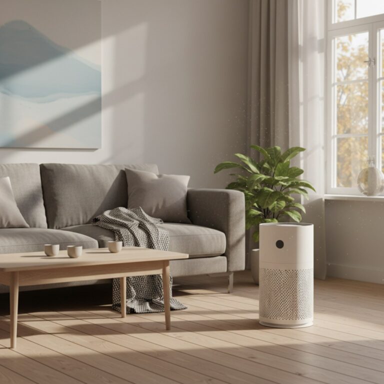 Moderner Luftreiniger in einem hellen Wohnzimmer neben einer Zimmerpflanze