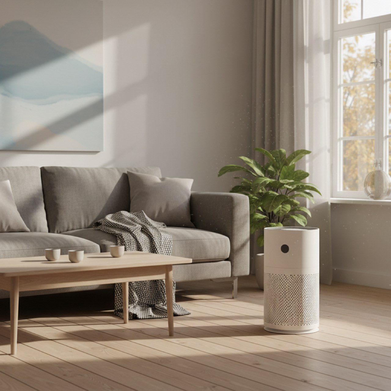 Moderner Luftreiniger in einem hellen Wohnzimmer neben einer Zimmerpflanze