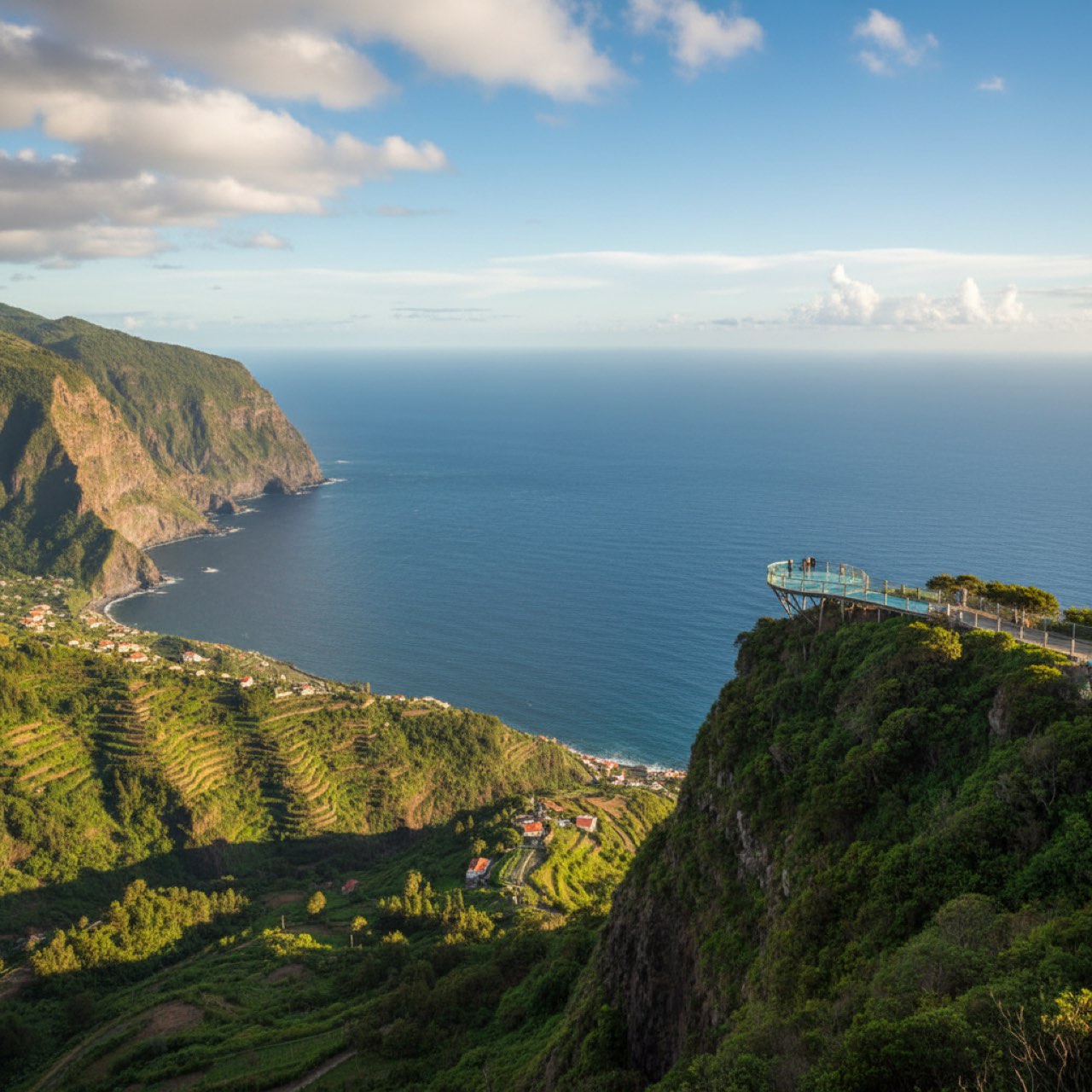 Gruene Vulkan-Steilkueste und Lorbeerwald auf Madeira mit Blick auf den Atlantik bei Cabo Girao