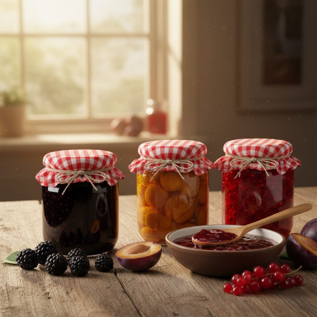 Selbst gemachte Marmelade in Glaesern mit frischen Brombeeren und Pflaumen