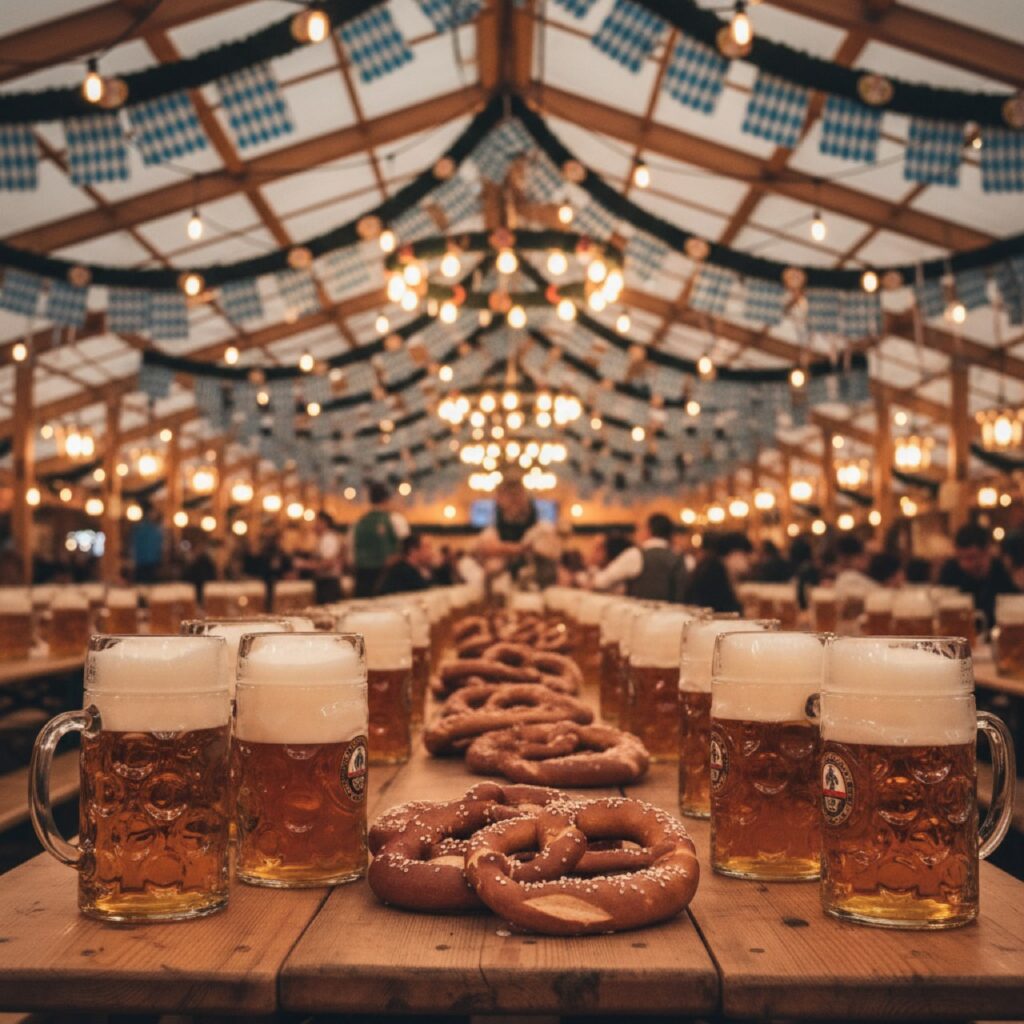 Festliches Oktoberfest-Bierzelt in Muenchen mit vollen Masskruegen auf Holztischen