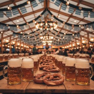 Festliches Oktoberfest-Bierzelt in Muenchen mit vollen Masskruegen auf Holztischen